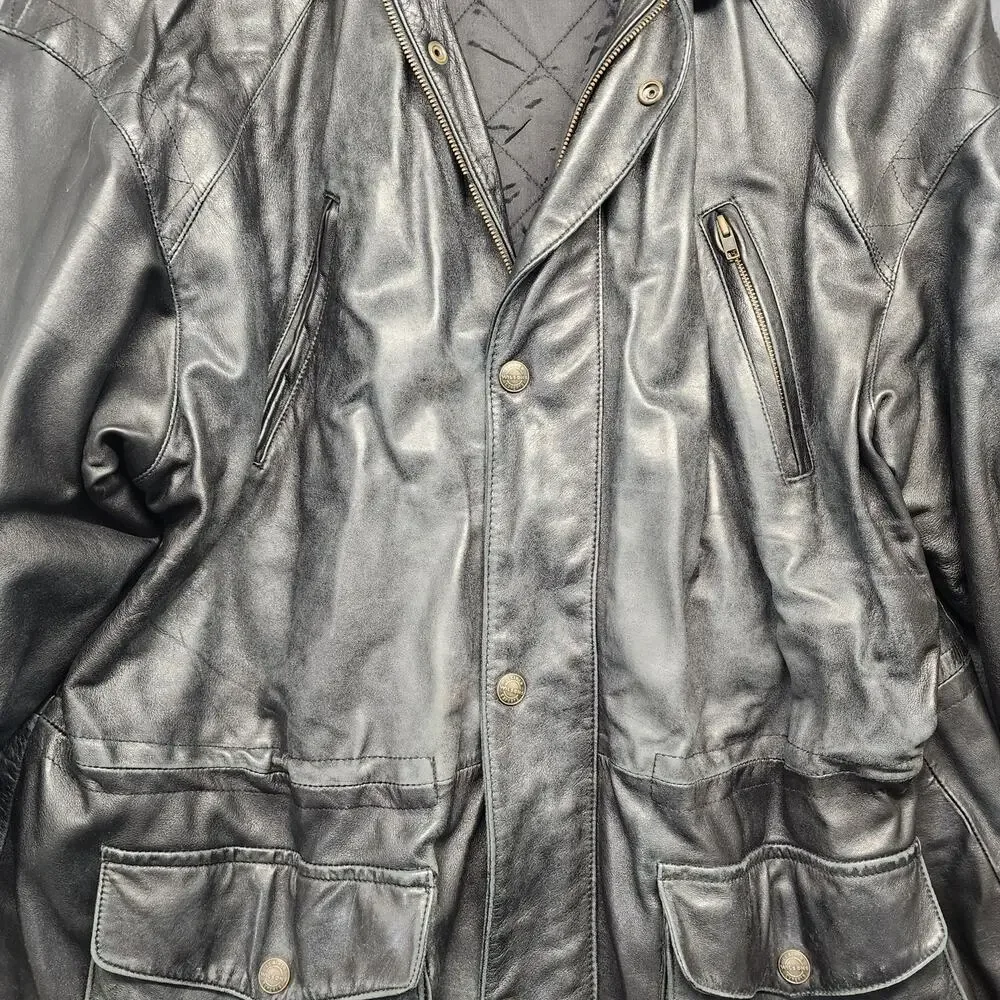 Wilsons Leather Coat Mens XL Black Distressed Pockets Winter Quilted Lining